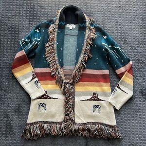 Colorful Fringe Cardigan with Western Motif